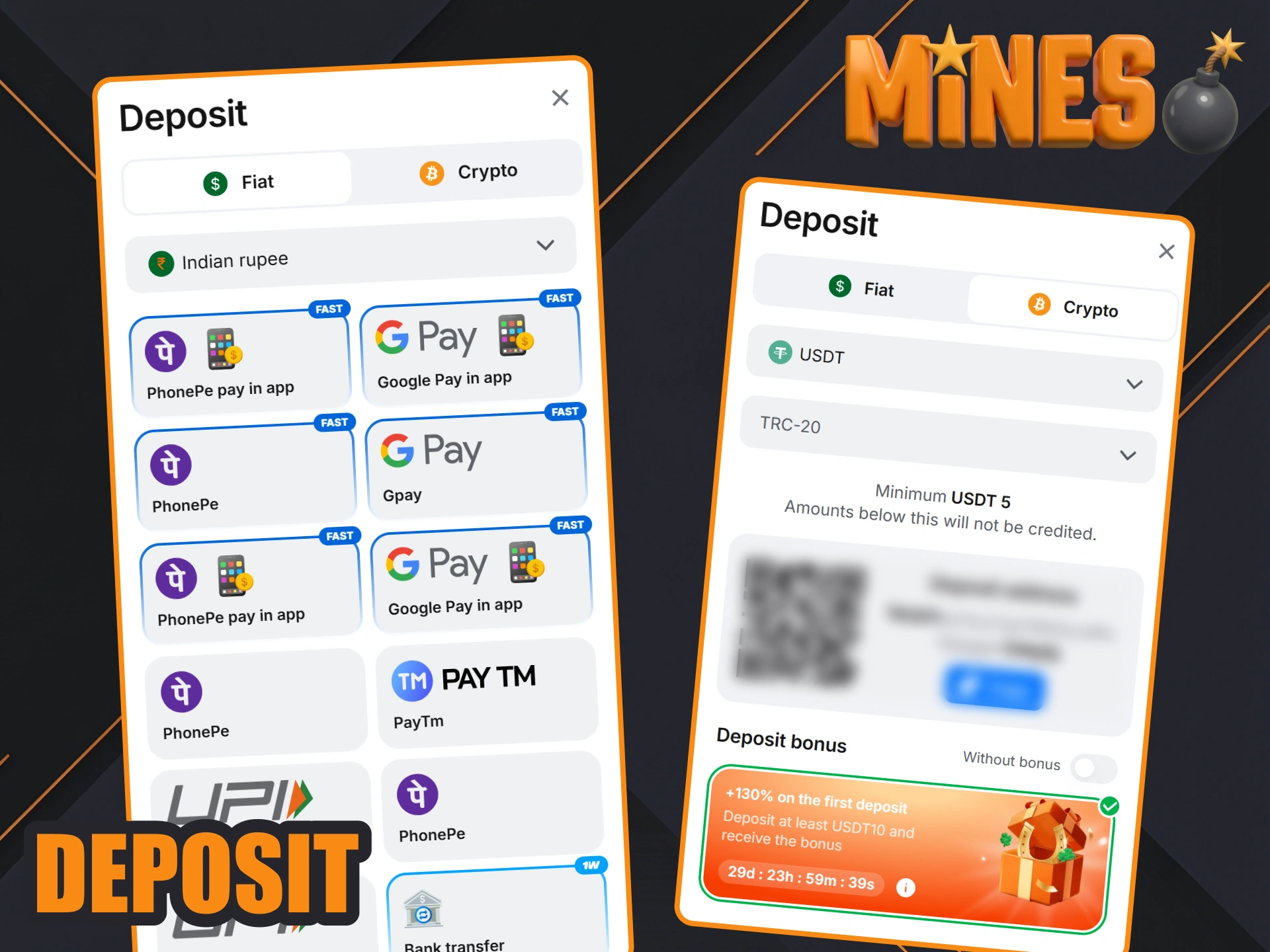 Make your 1win deposit for Mines game in few steps.