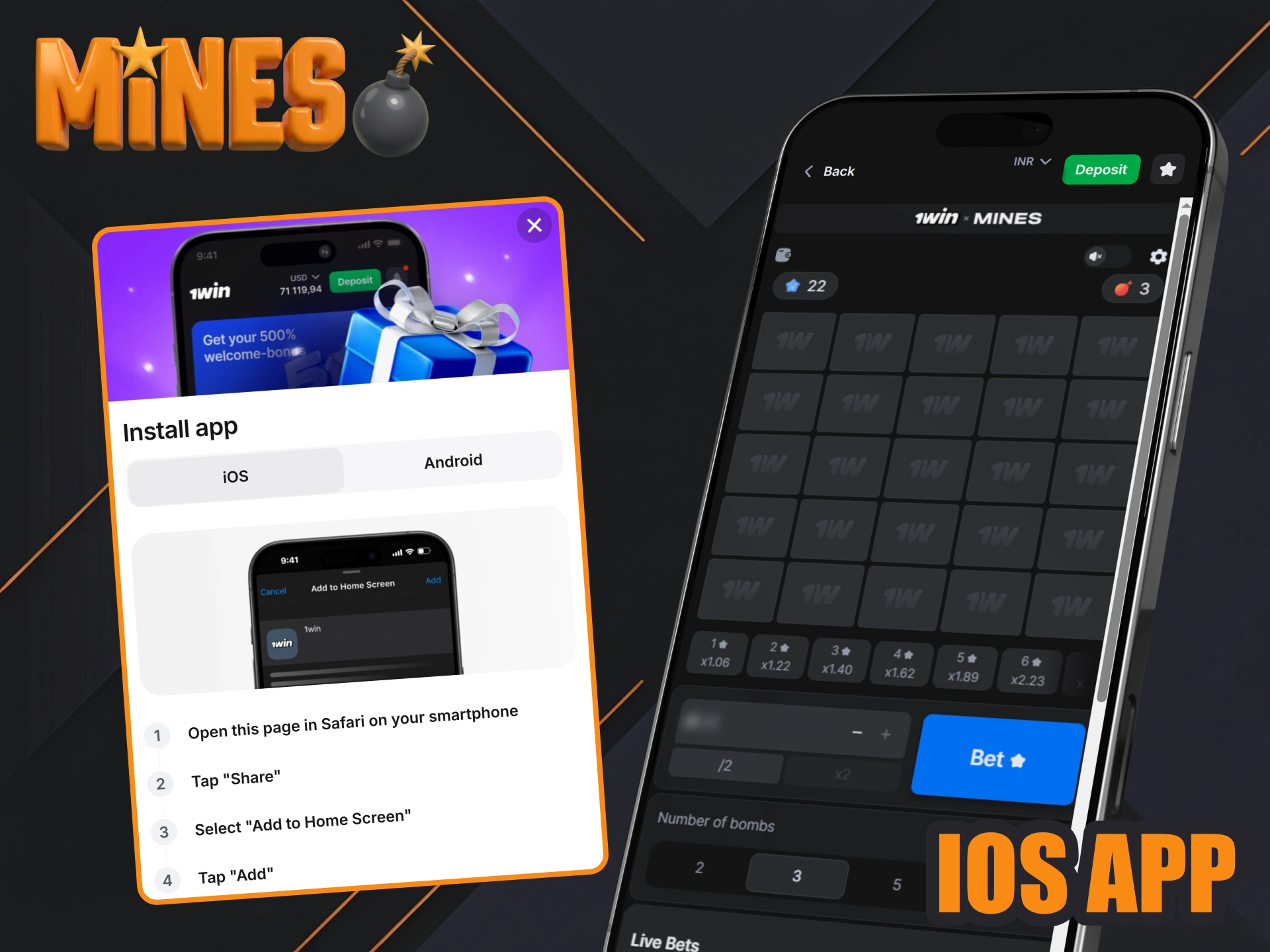 Play Mines games at 1win app on your ios.