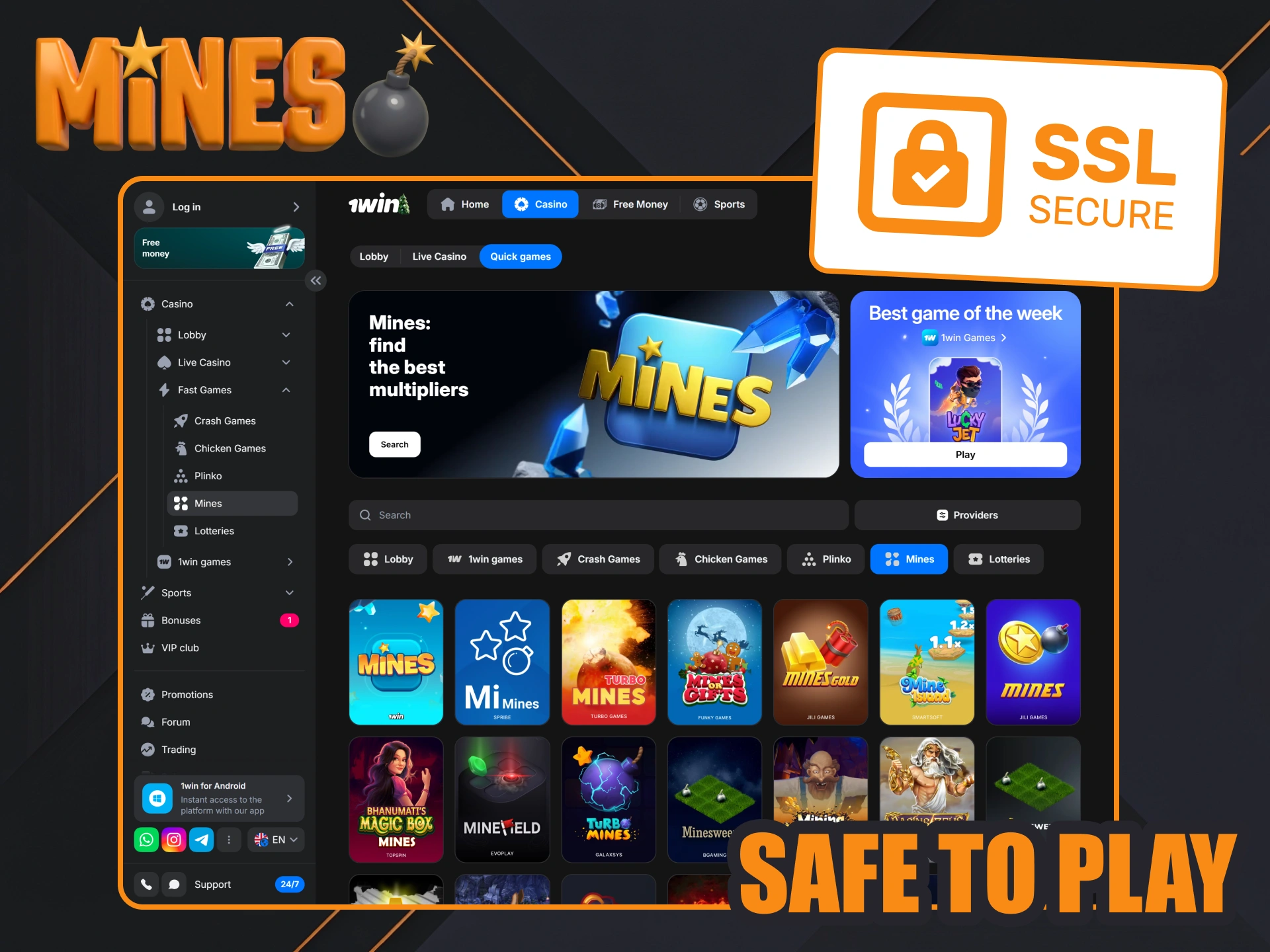 Play Mines safe and secure at 1win Casino.