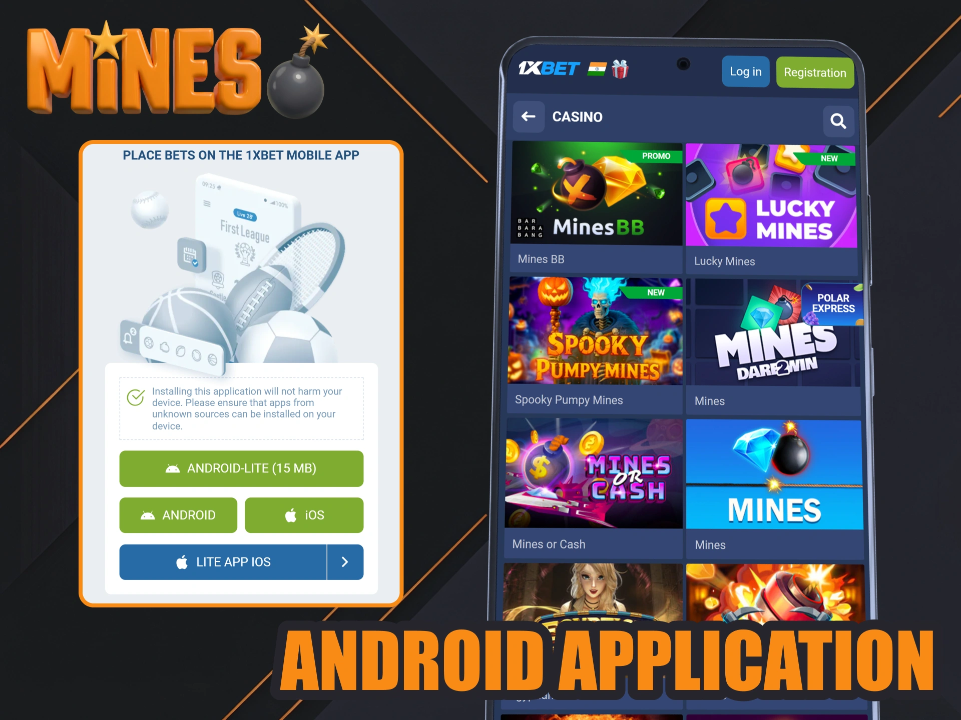 Get an official 1xBet application to play Mines from your android.