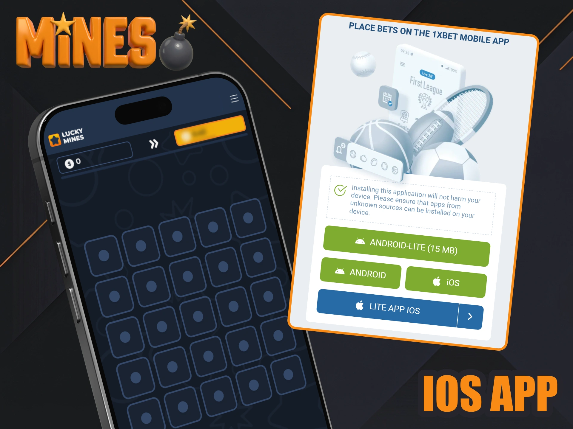 Play Mines games at 1xBet iOS app.
