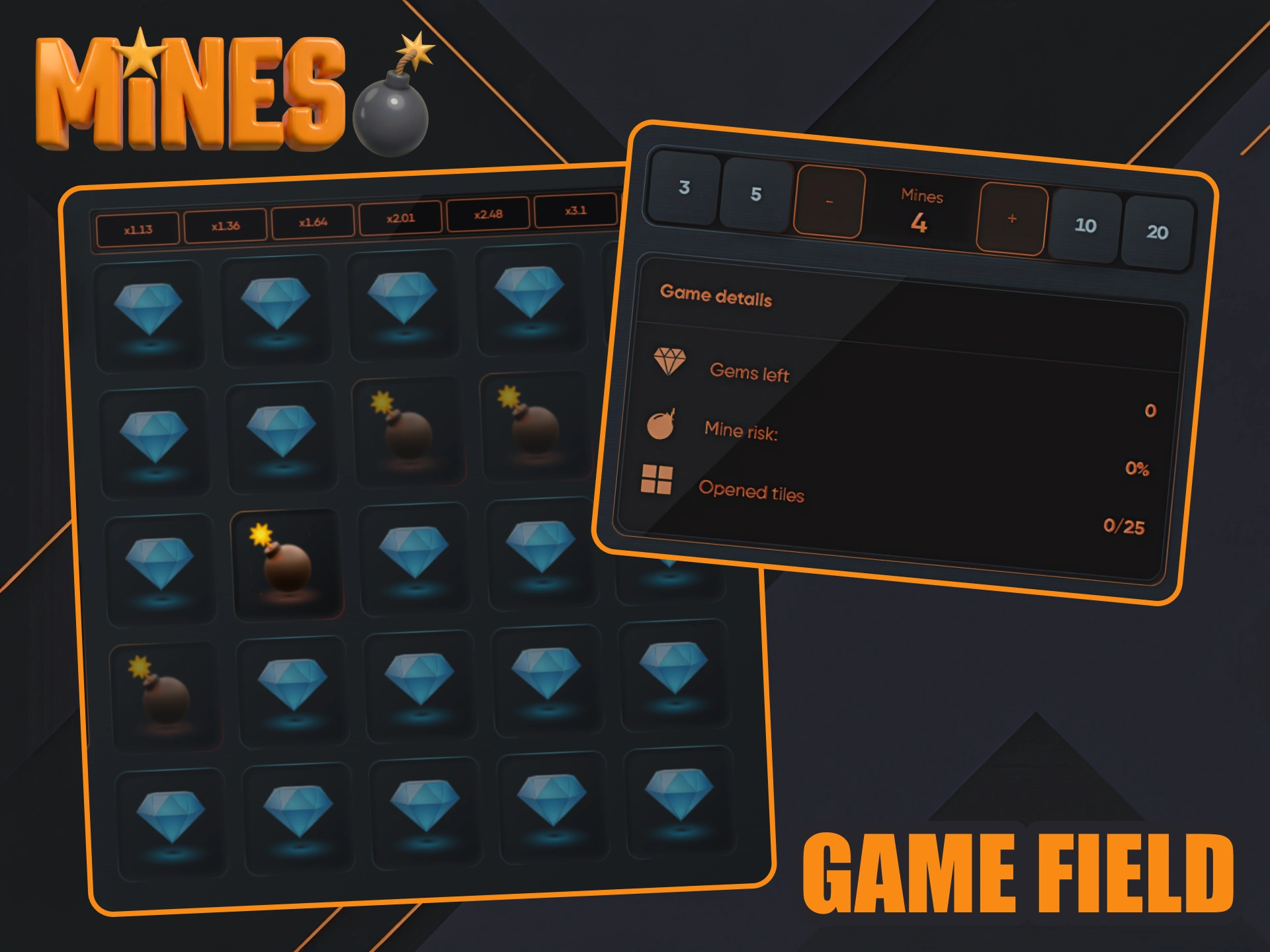 Set up Mines gaming field the way you like.
