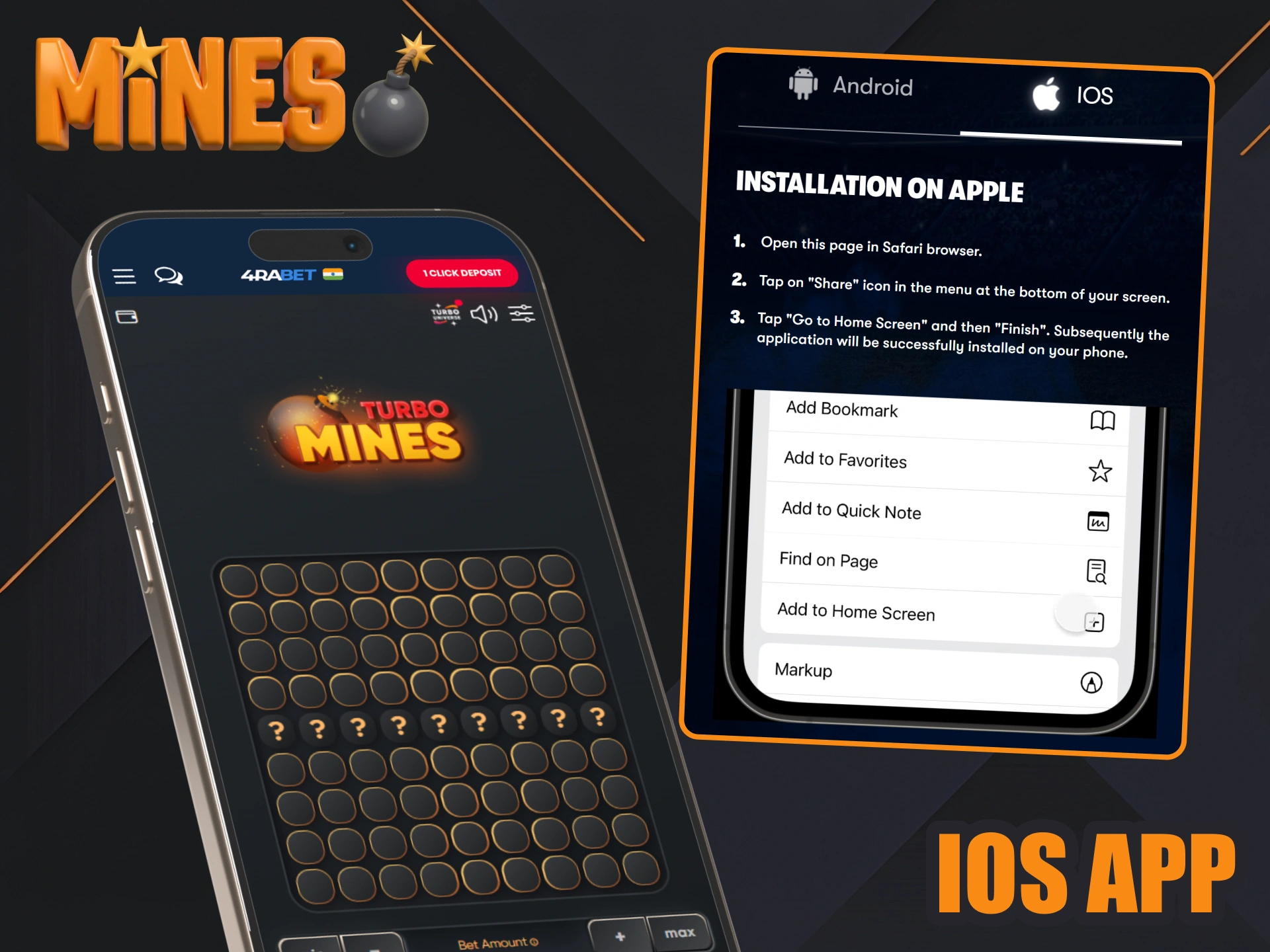 Get 4rabet app for ios to have fast access to Mines games.