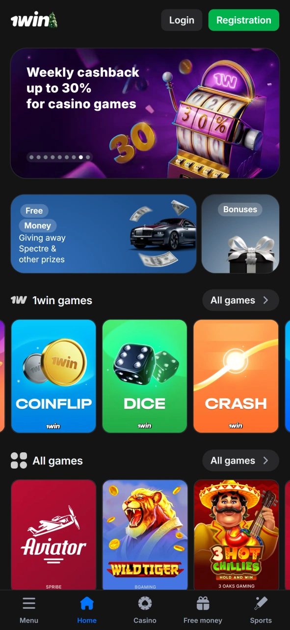 Main page of 1win where you can find original Mines game.