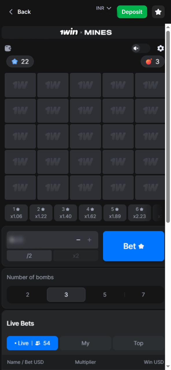 Play original 1win Mines game at 1win app.
