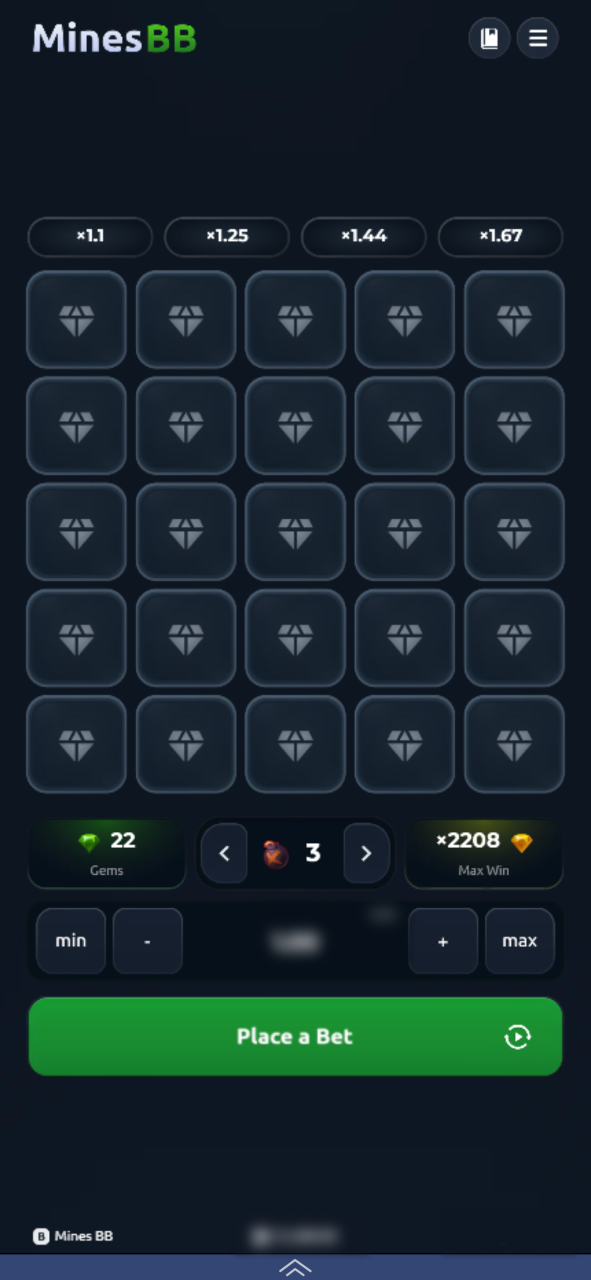 Play different Mines games fullscreen at 1xBet.