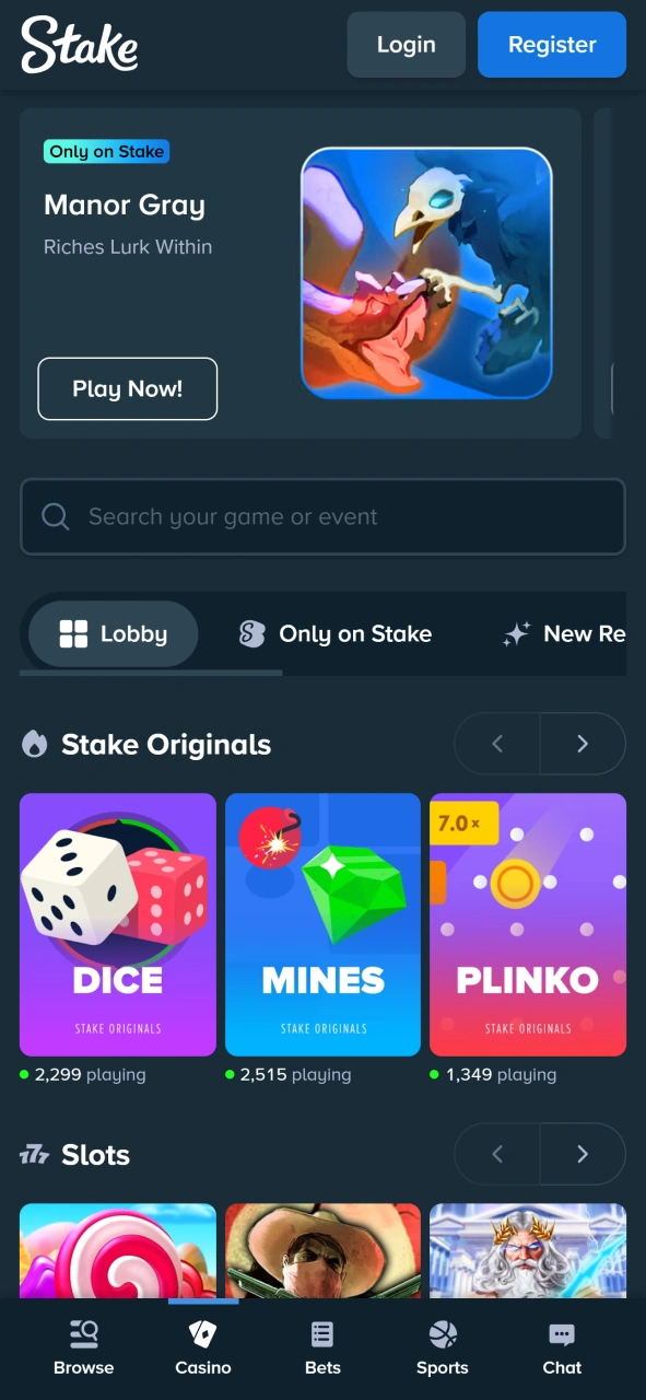 Search for Mines games at Stake casino page.