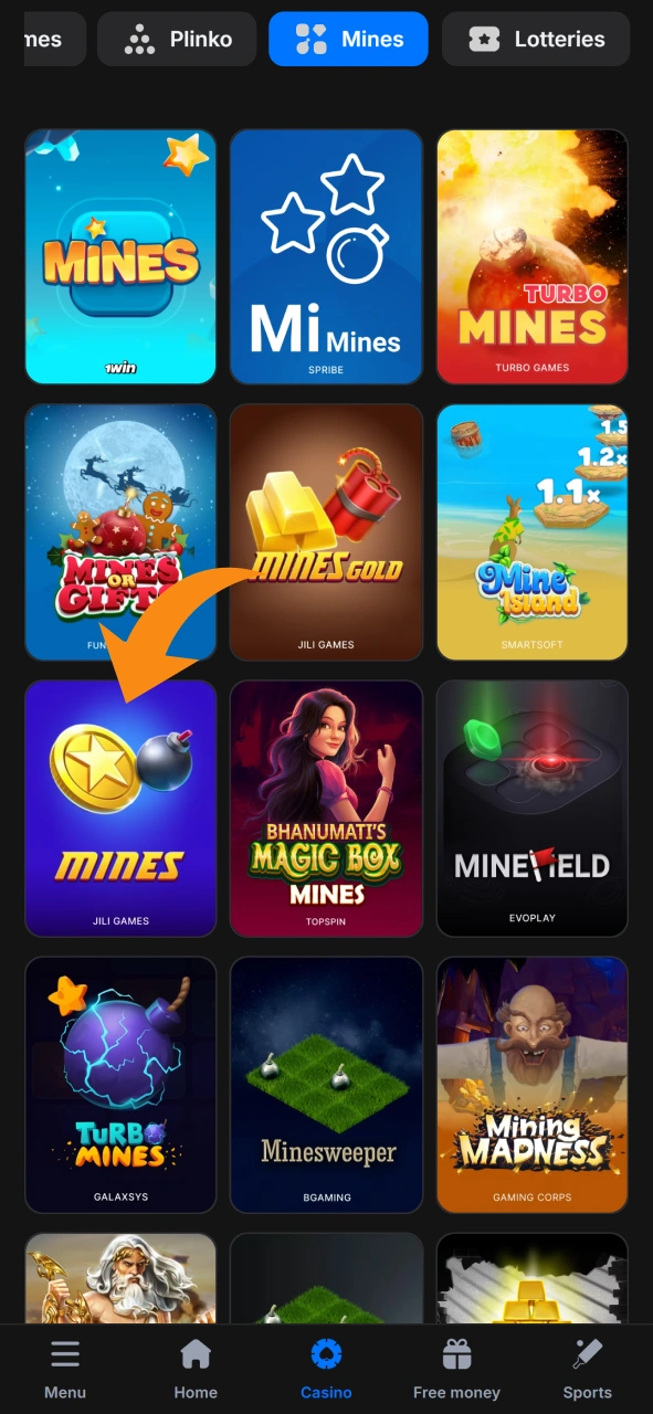 Select Mines game from provided games.