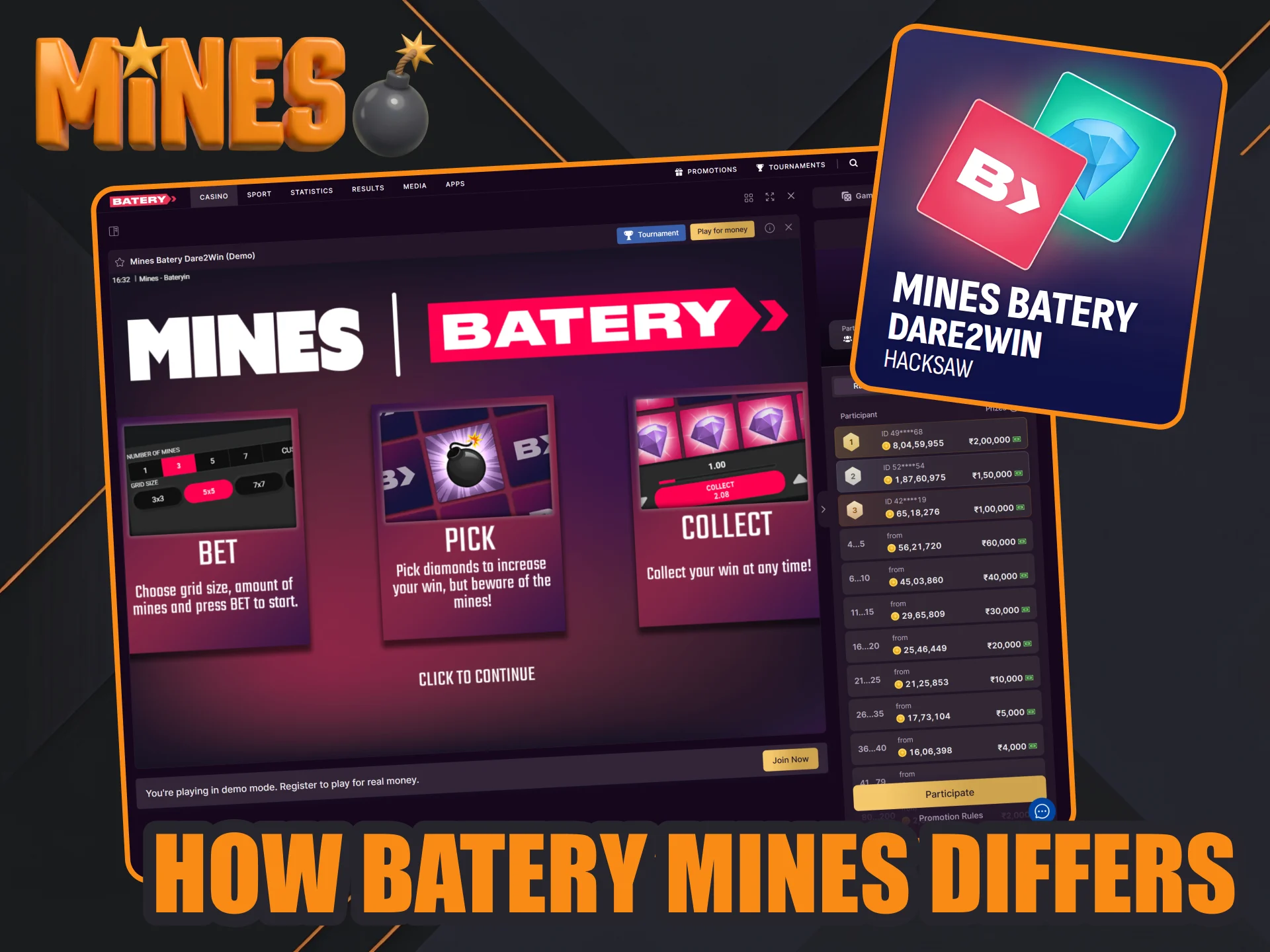 Control your risk at maximum in Batery Mines games.