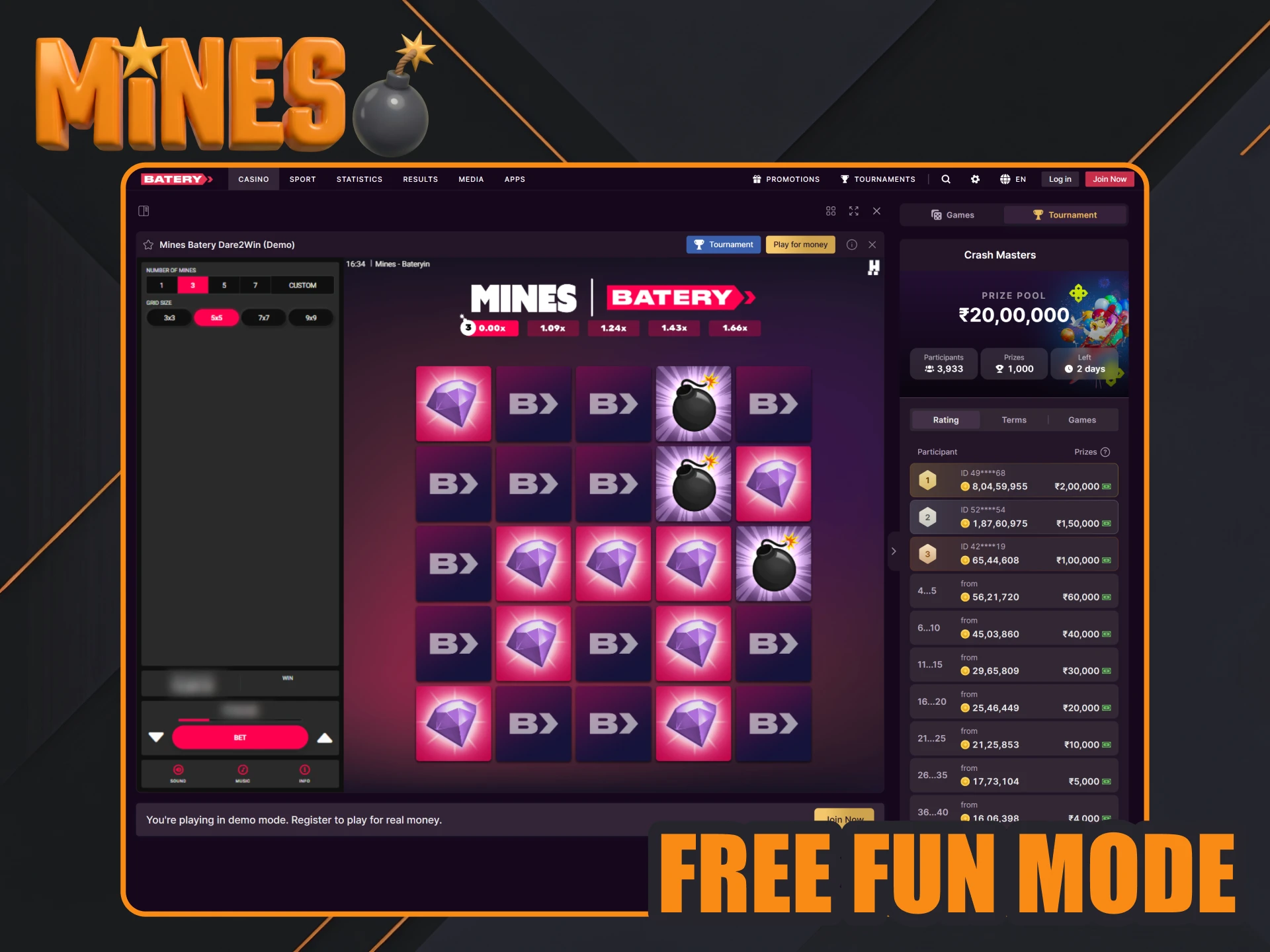 Try out Batery Mines game at demo mode first.