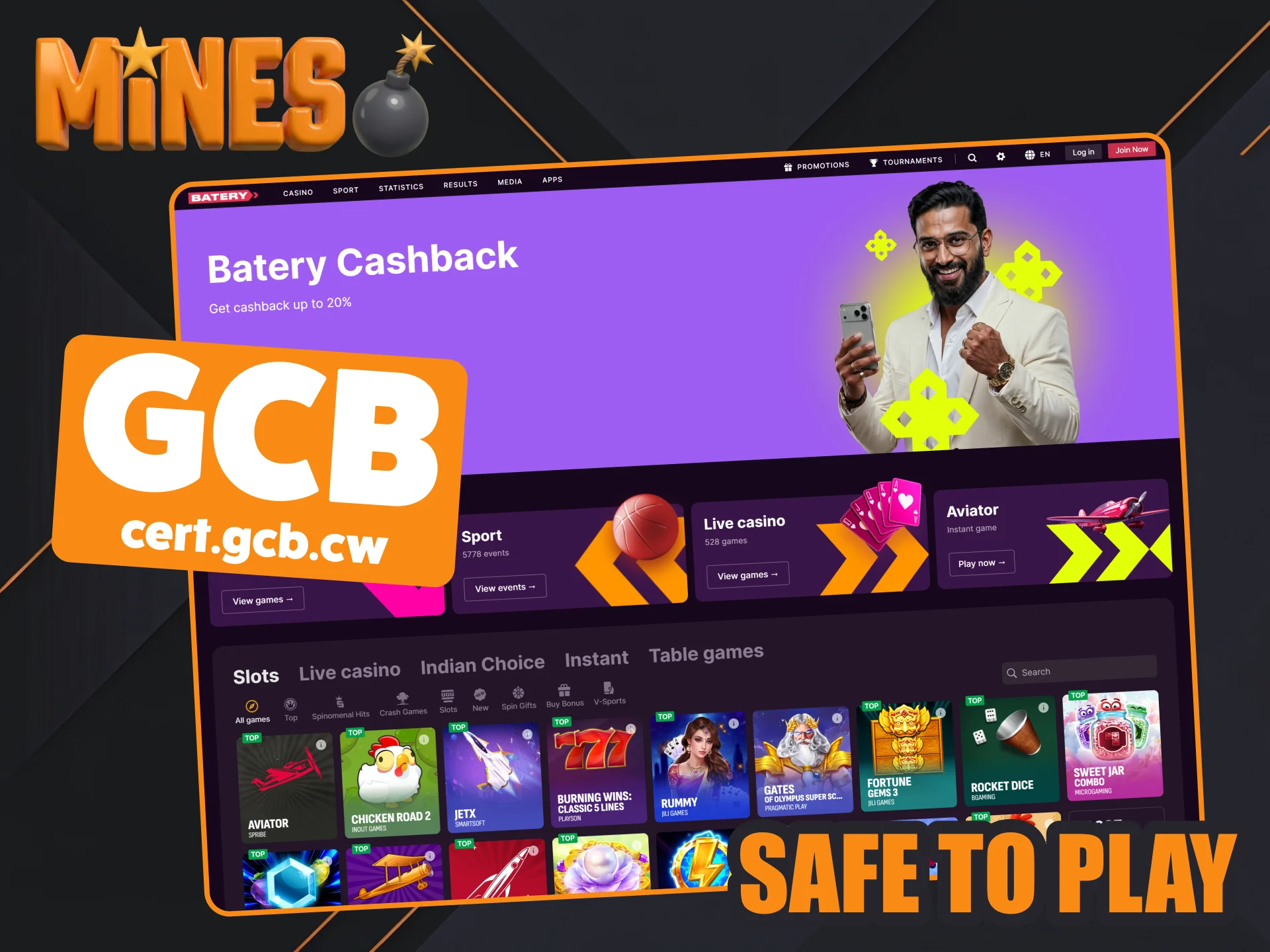 Play Mines games safe and secure at Batery casino.