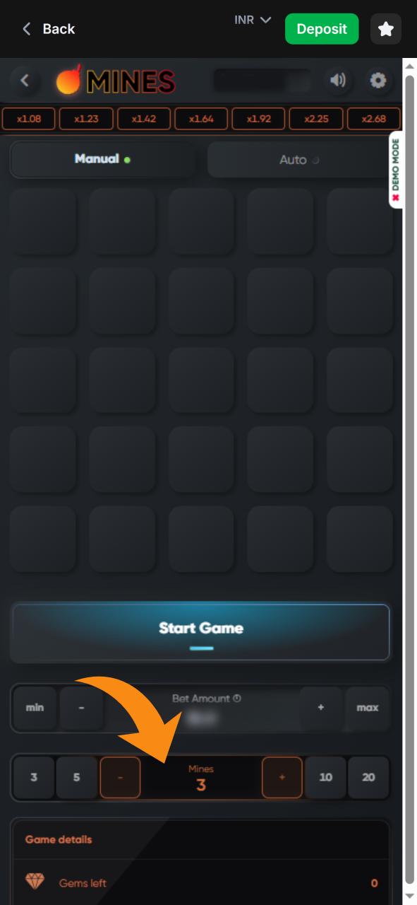 Adjust mines amount in your Mines game.