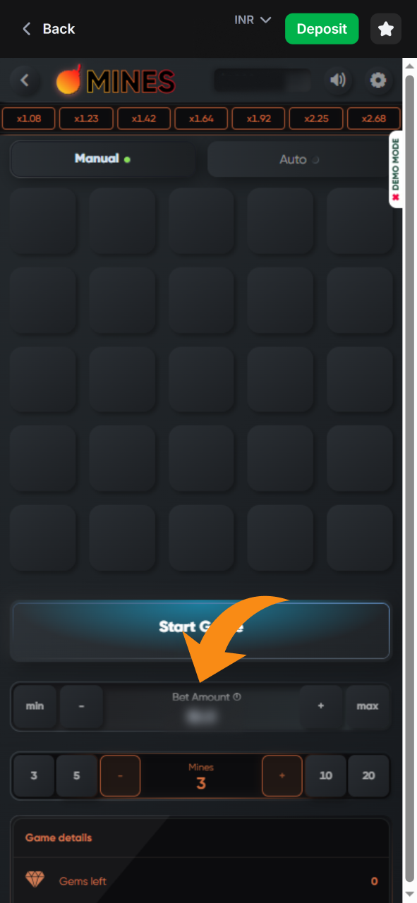 Insert your bet amount to play Mines game with.