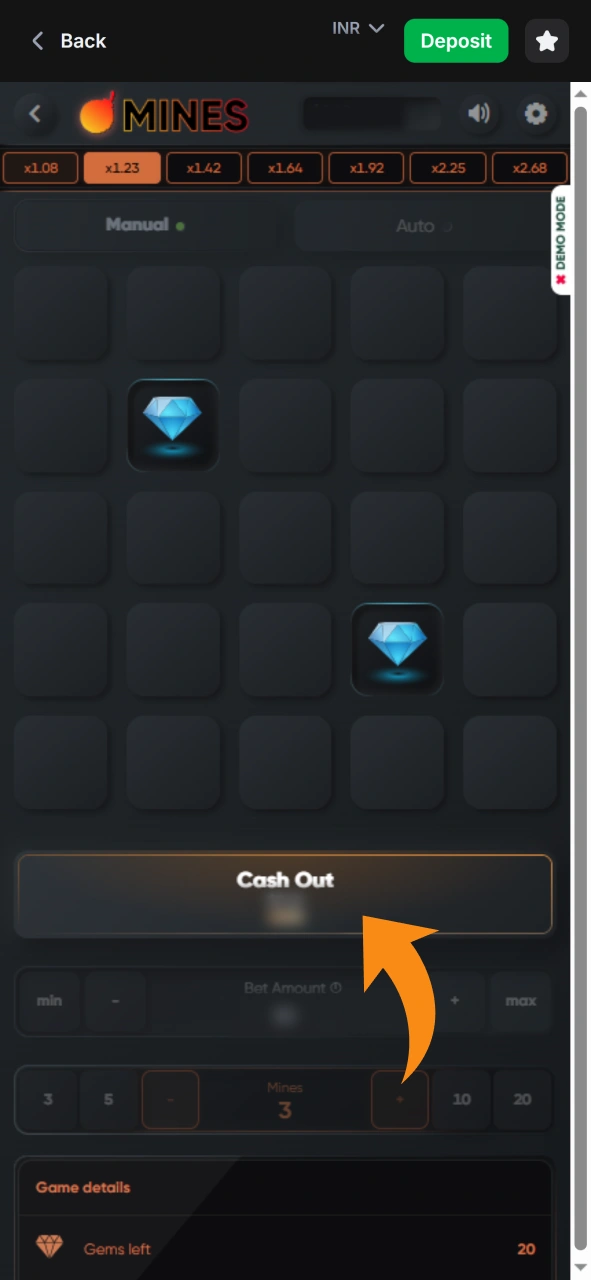 You can cash out your Mines game winnings at any time.