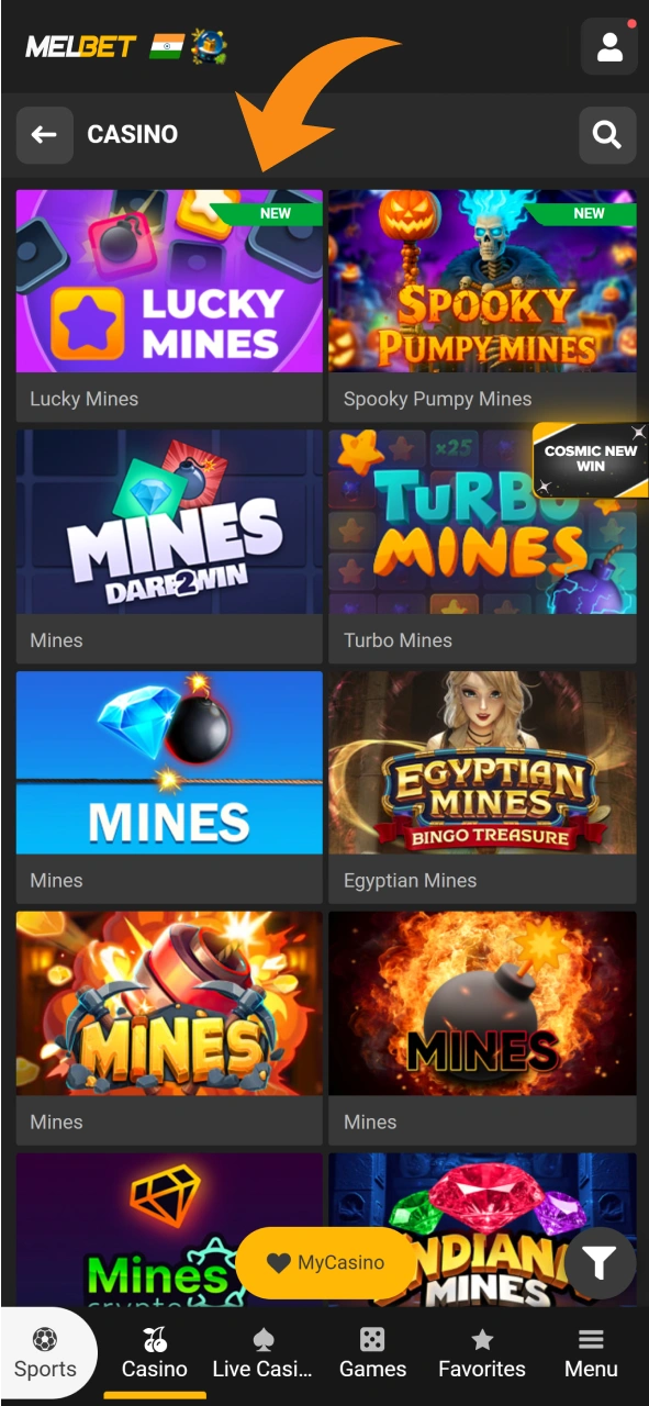 Open Melbet casino section to find Mines games.
