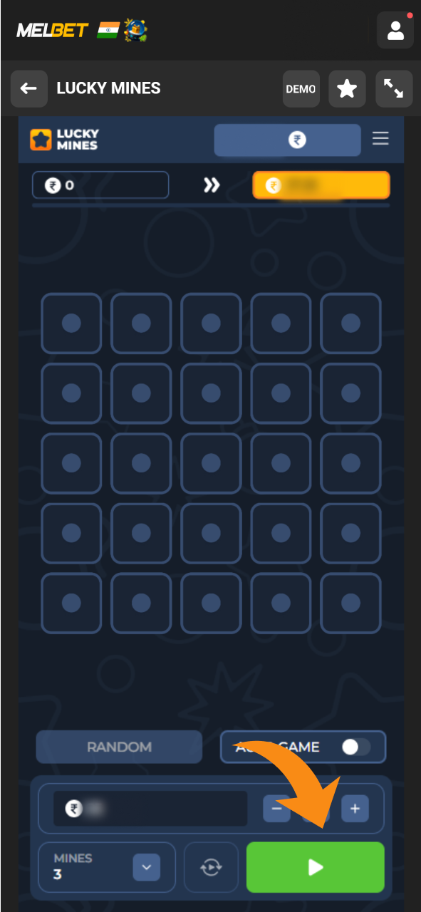Set bet and click on this button to start playing Melbet Mines.