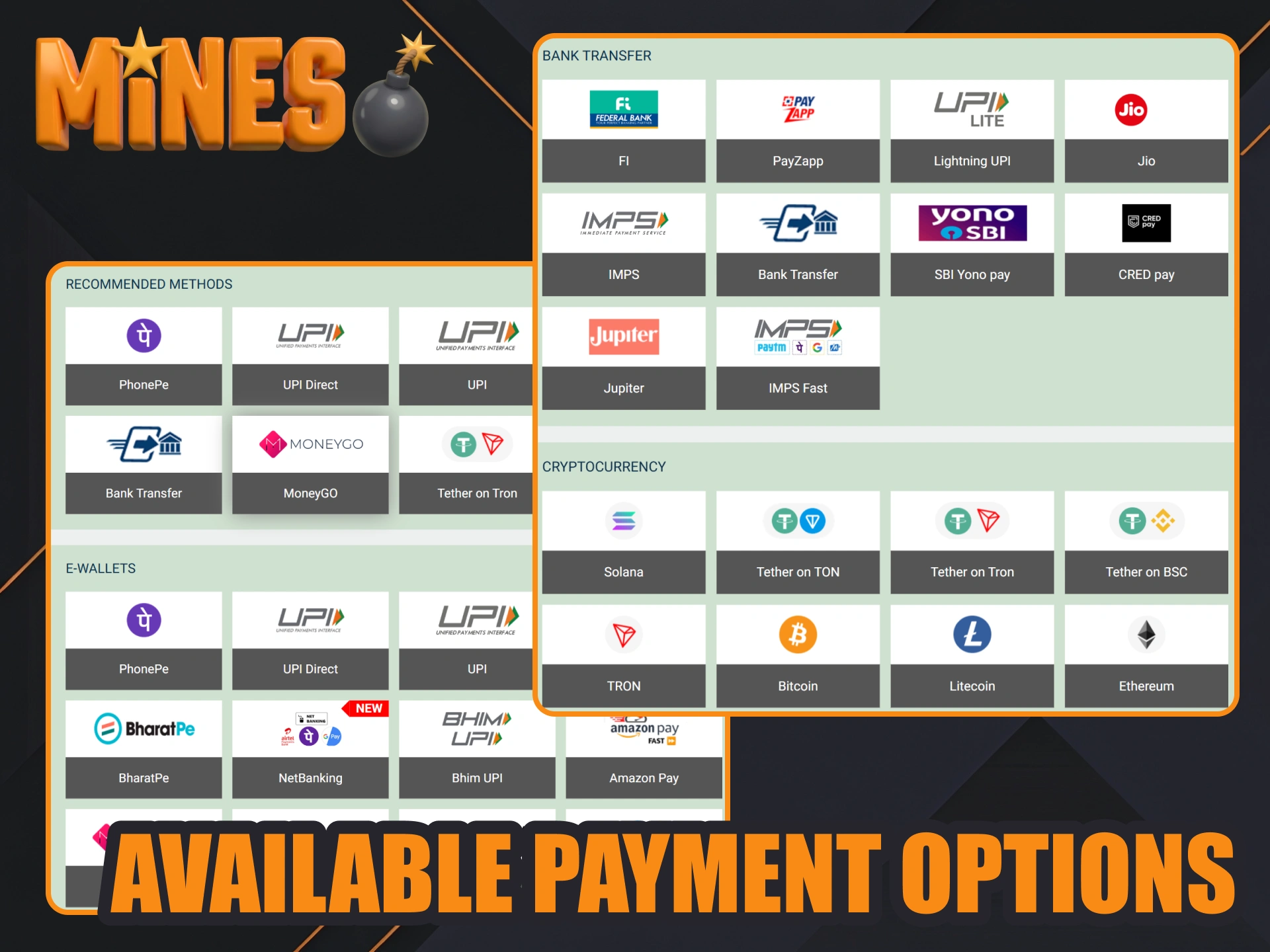 Choose payment option to deposit or withdraw your Mines games winnings.