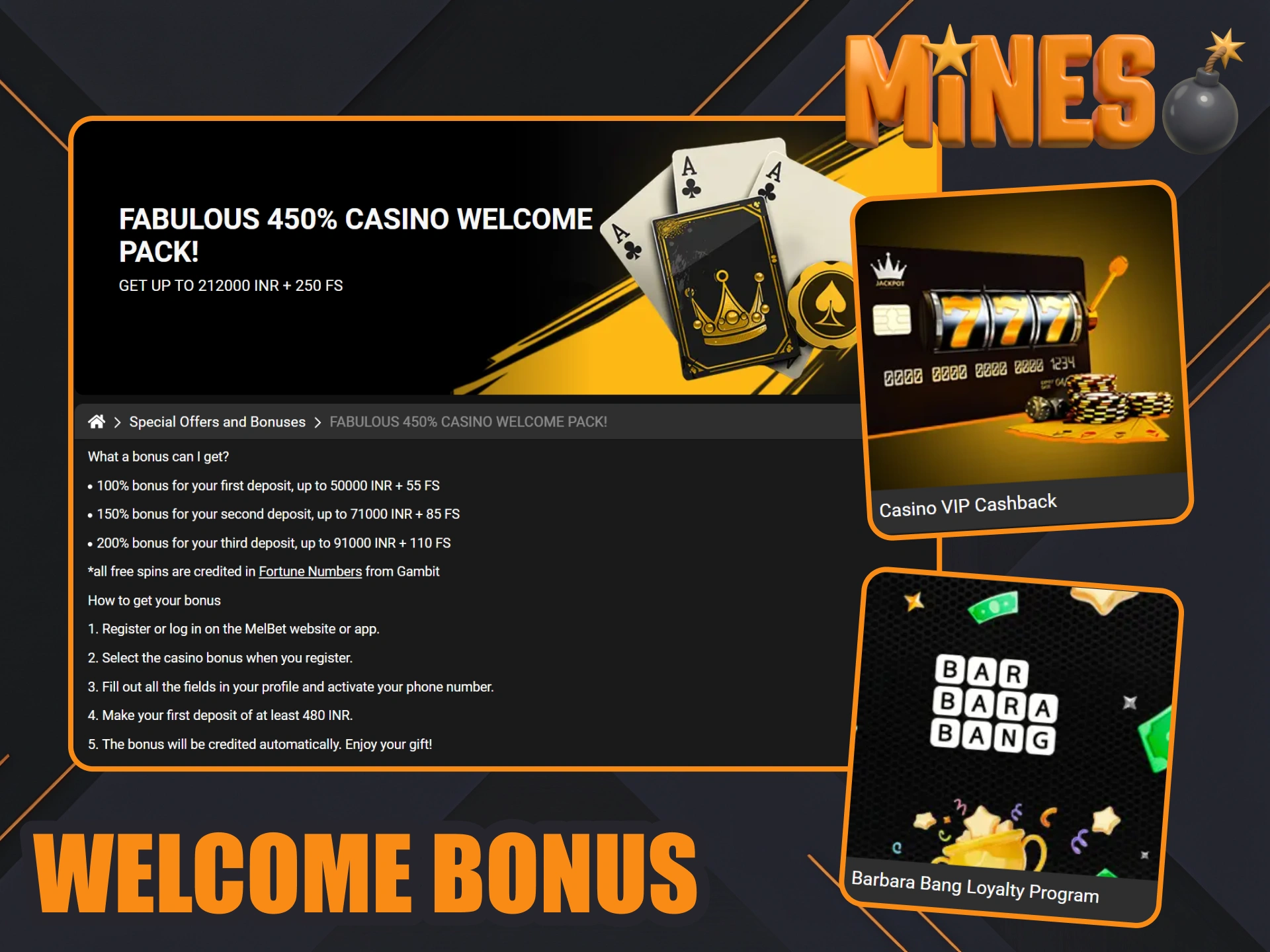 Get money and free spins from Melbet to play Mines games.