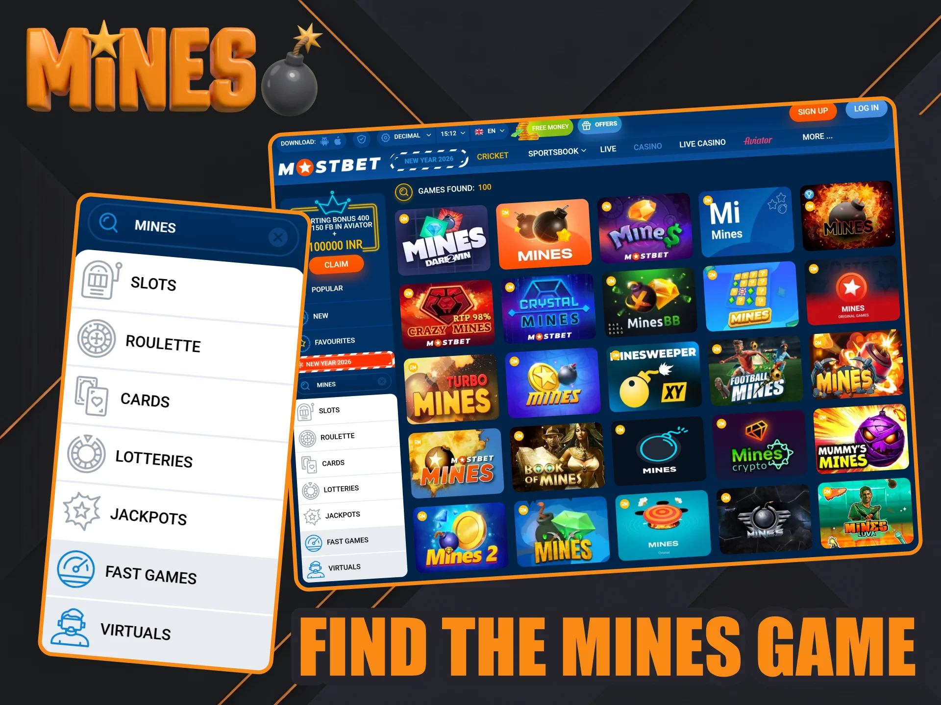 Find Mines games in two ways at Mostbet.