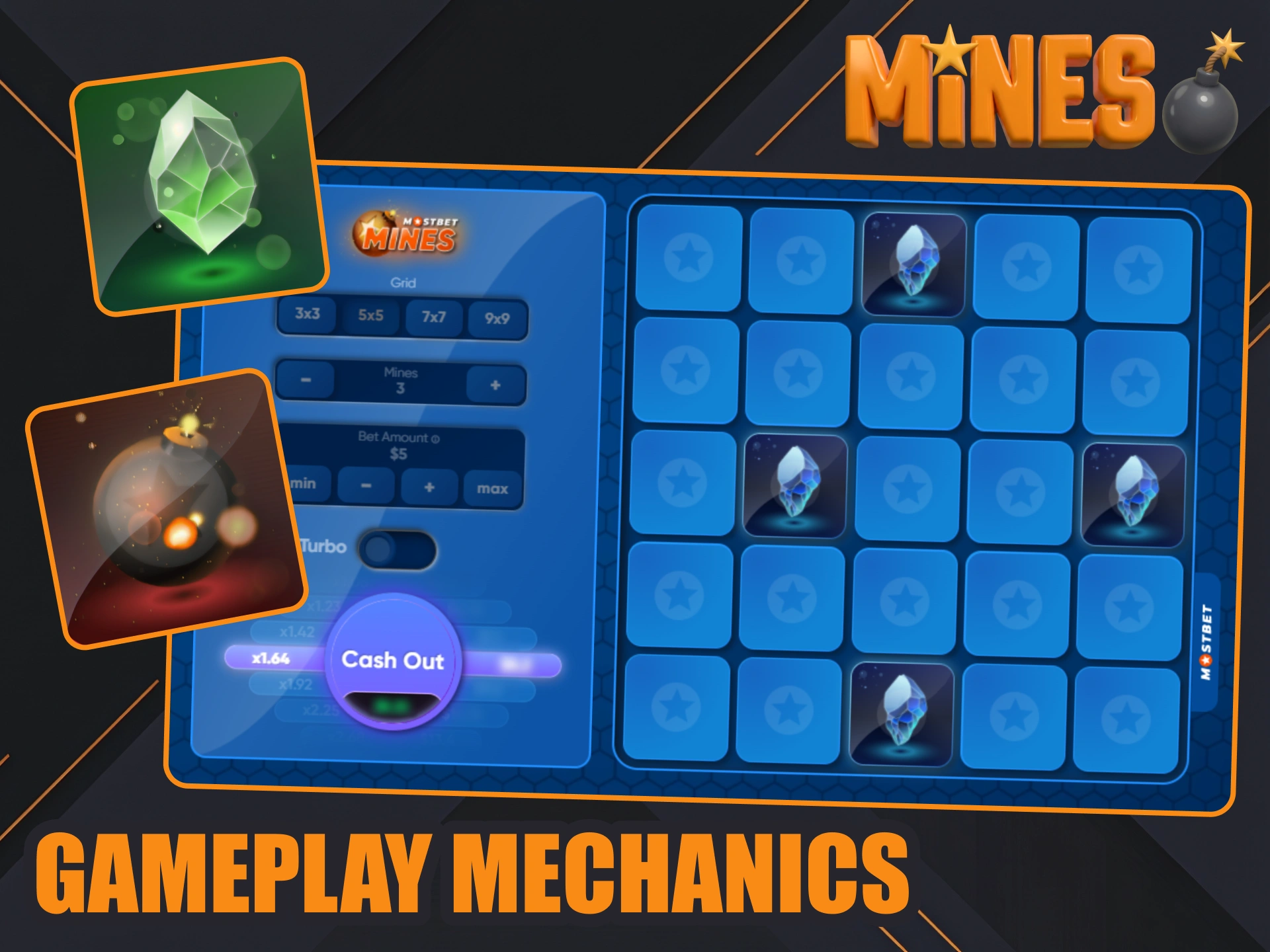 Place bet and start opening tiles towin at Mostbet Mines game.