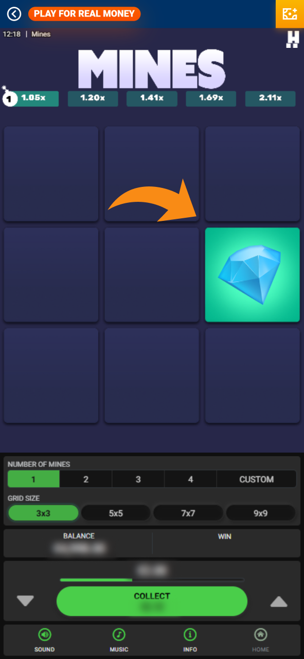 Start playing Mines game by opening tiles and get your wins.