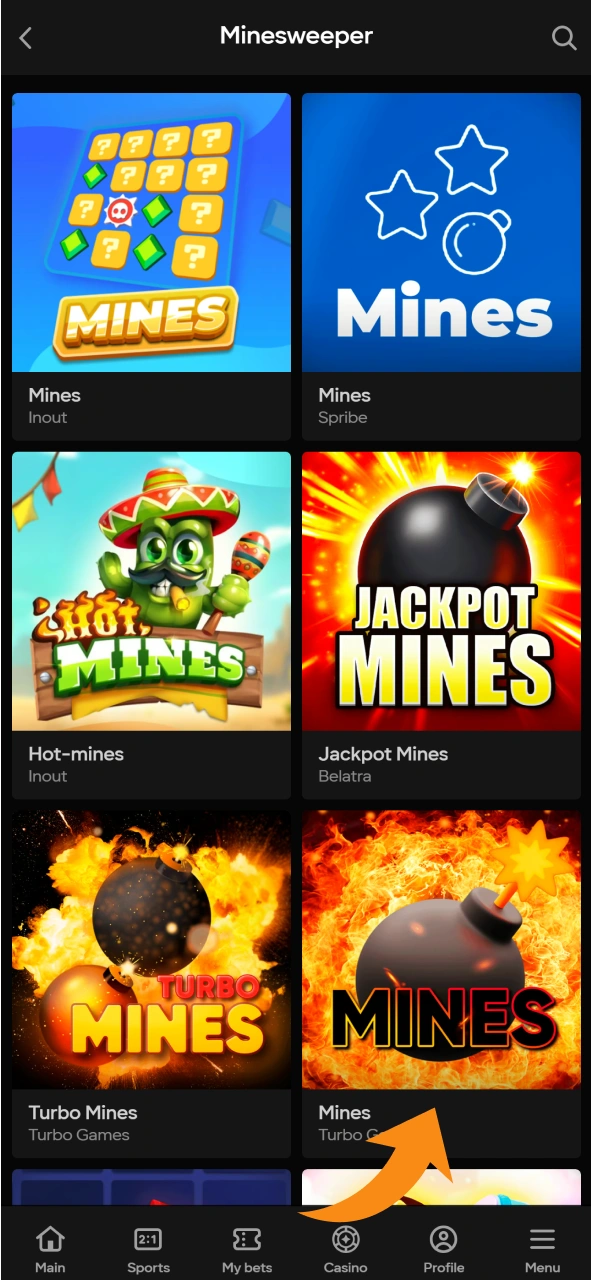 Open any Mines game you like at Parimatch Casino.