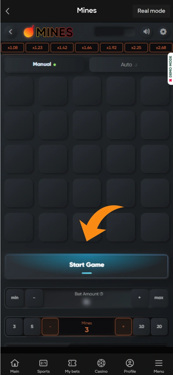 Set your bet to start playing Parimatch Mines game.