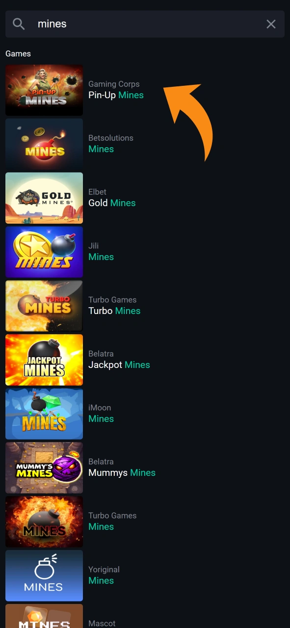 Go to Pin Up casino section and find Mines games.