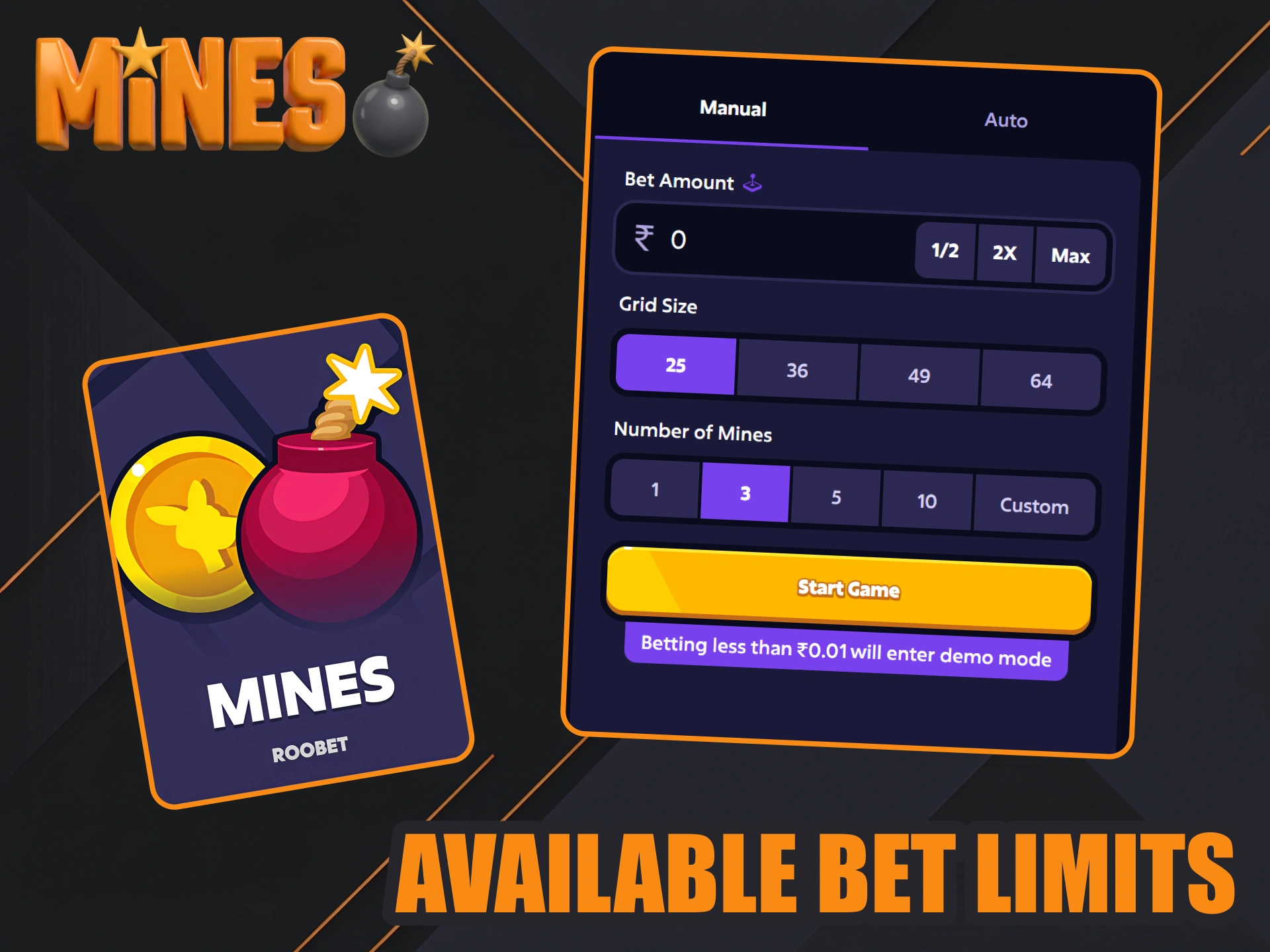 Choose your bet and mones count at Roobet Mines game.