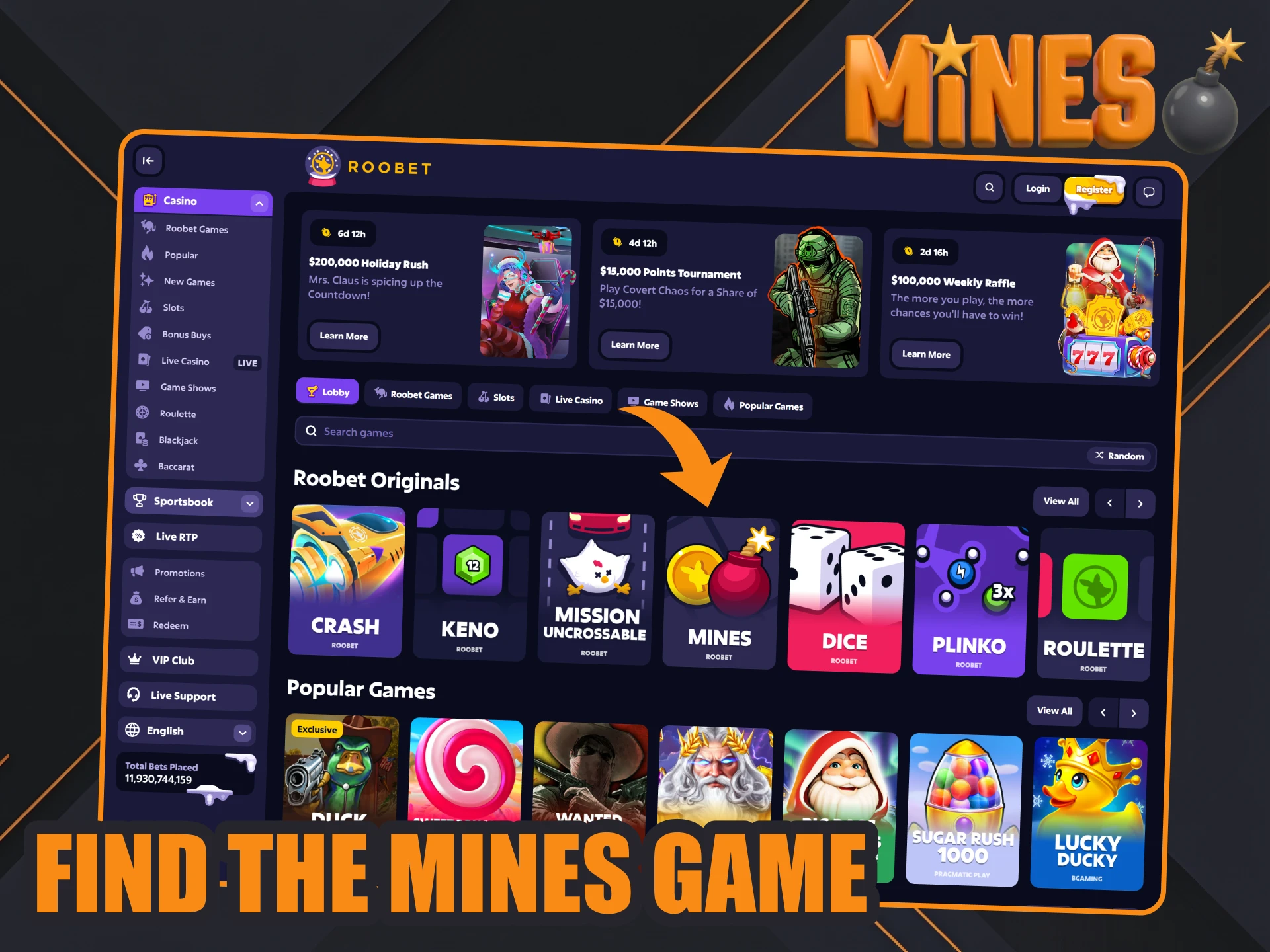 Find original Mines game at Roobet main page.
