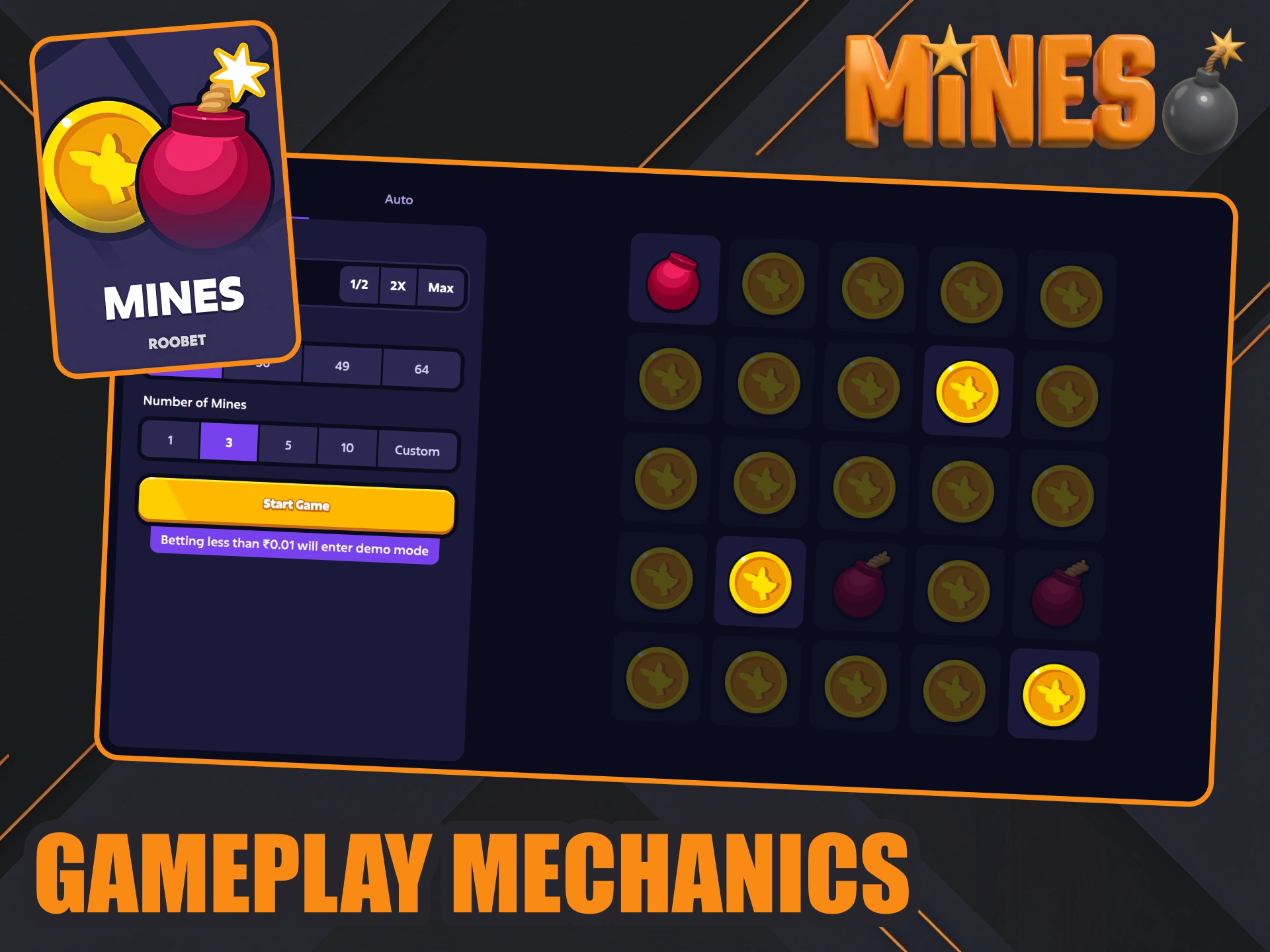 Play Roobet Mines manually or in autoplay mode.