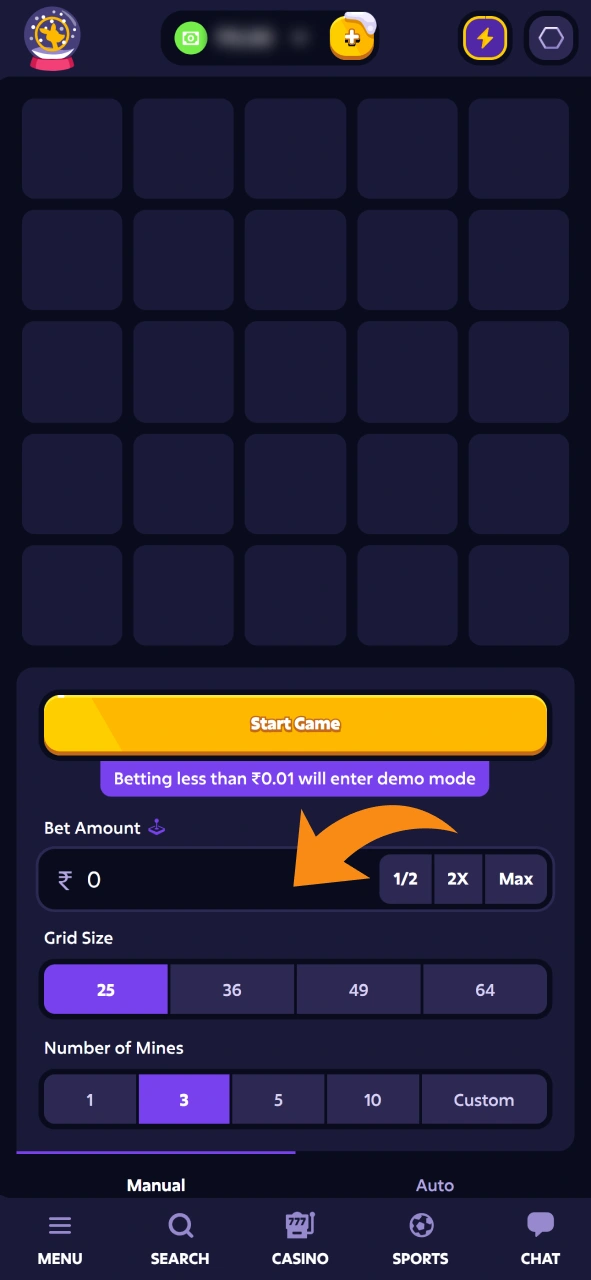 Insert your Mines game bet amount.