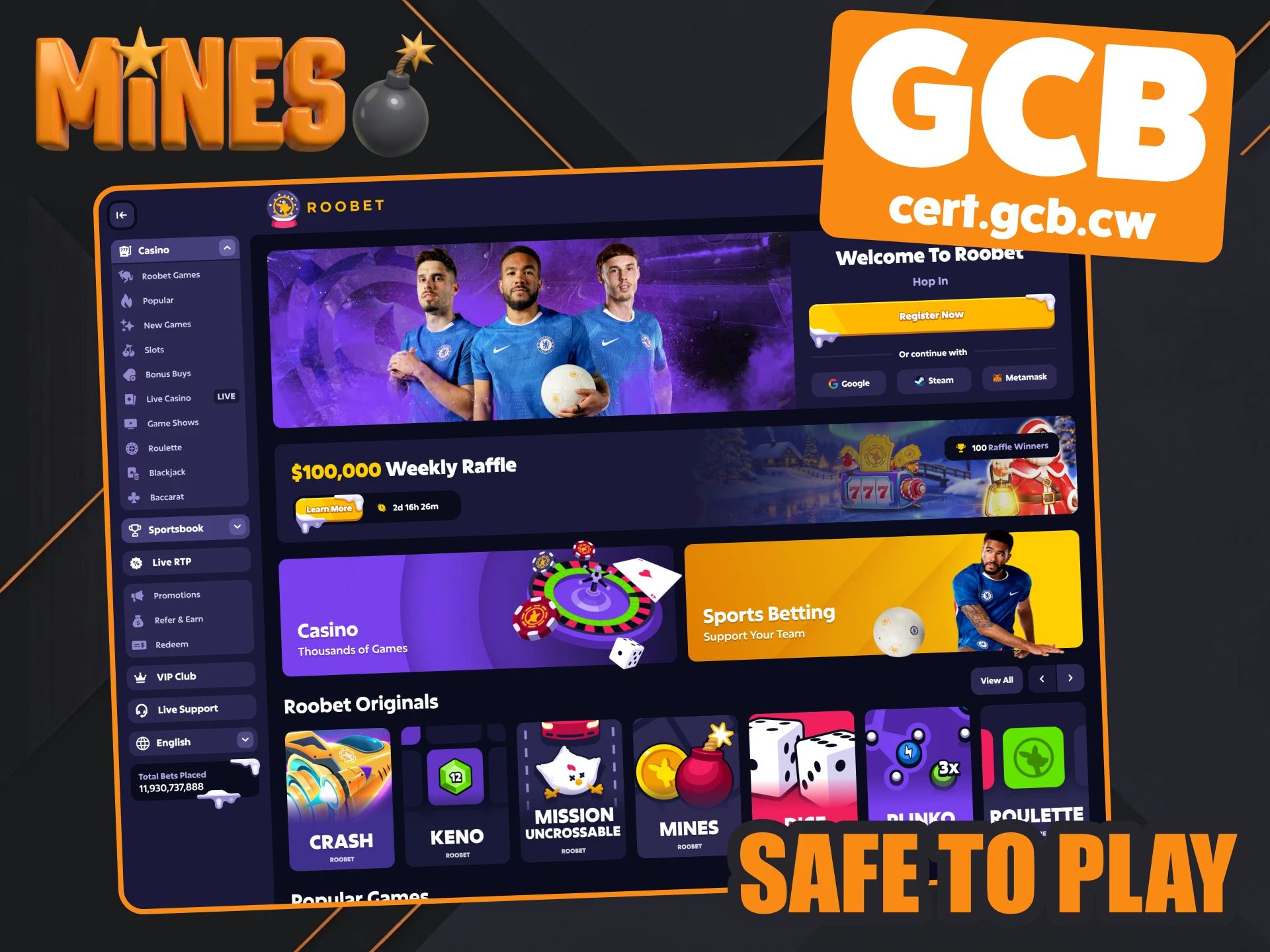 Play Mines games at Roobet legaly.