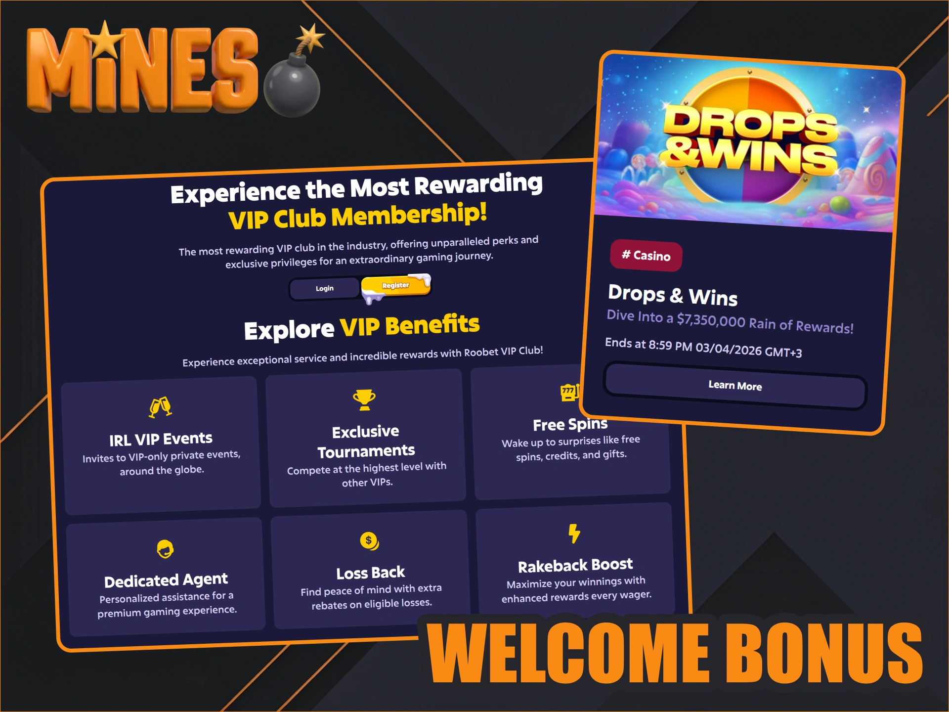 Get your Roobet welcome bonus for Mines game.