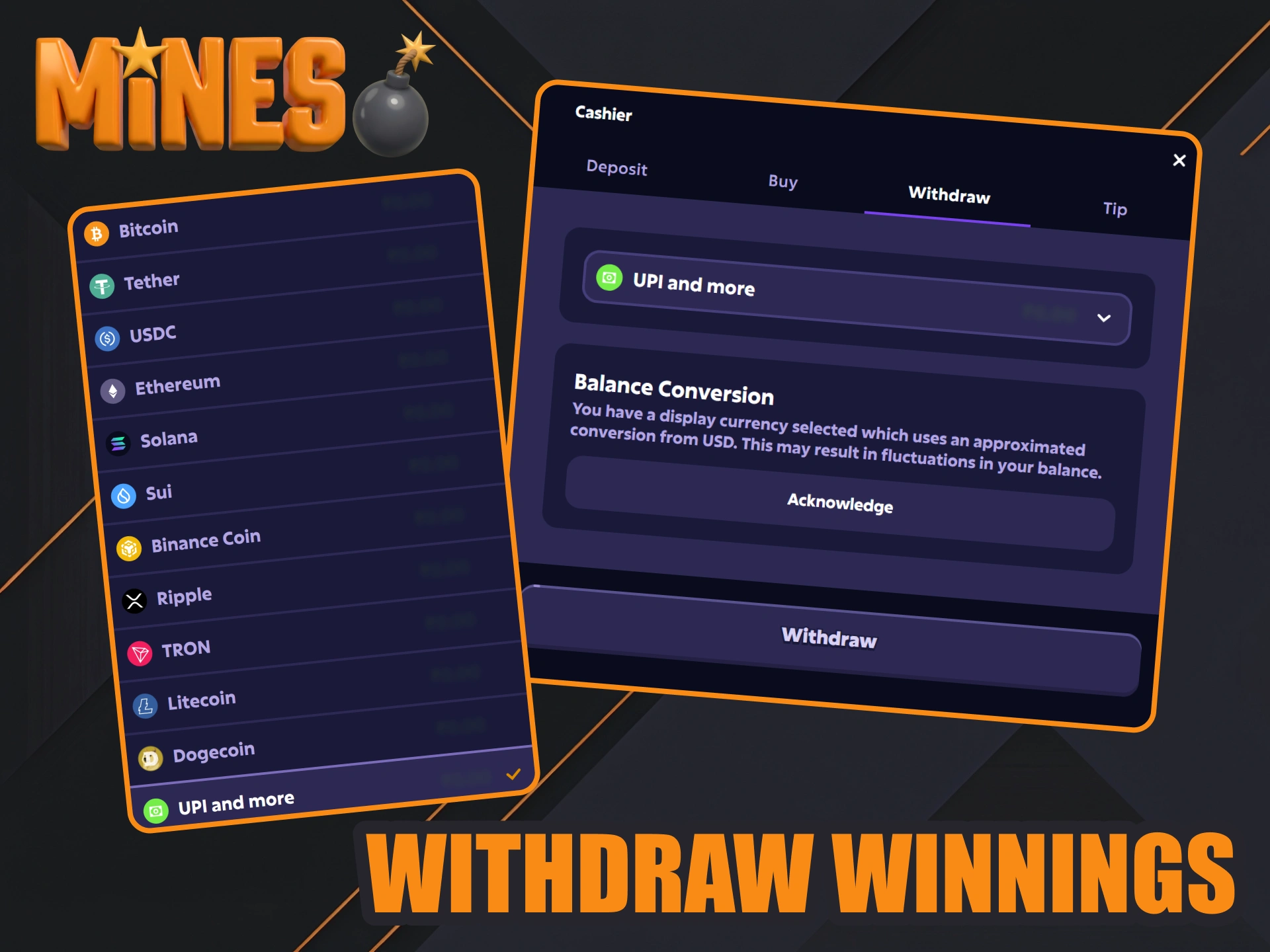 Withdraw your Mines games winnings from Roobet in few clicks.