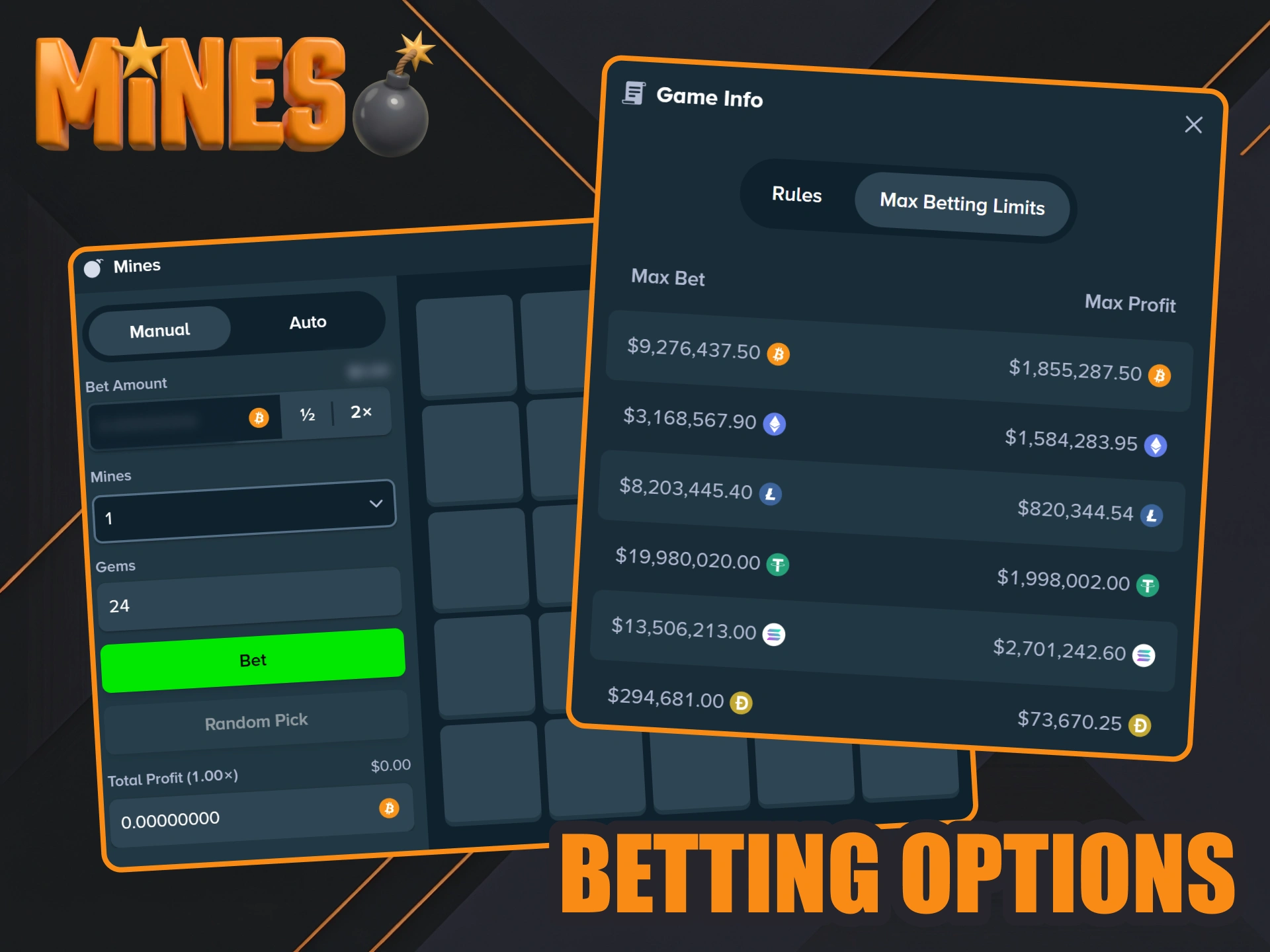 Configure your field betting options and mine settings at Stake.