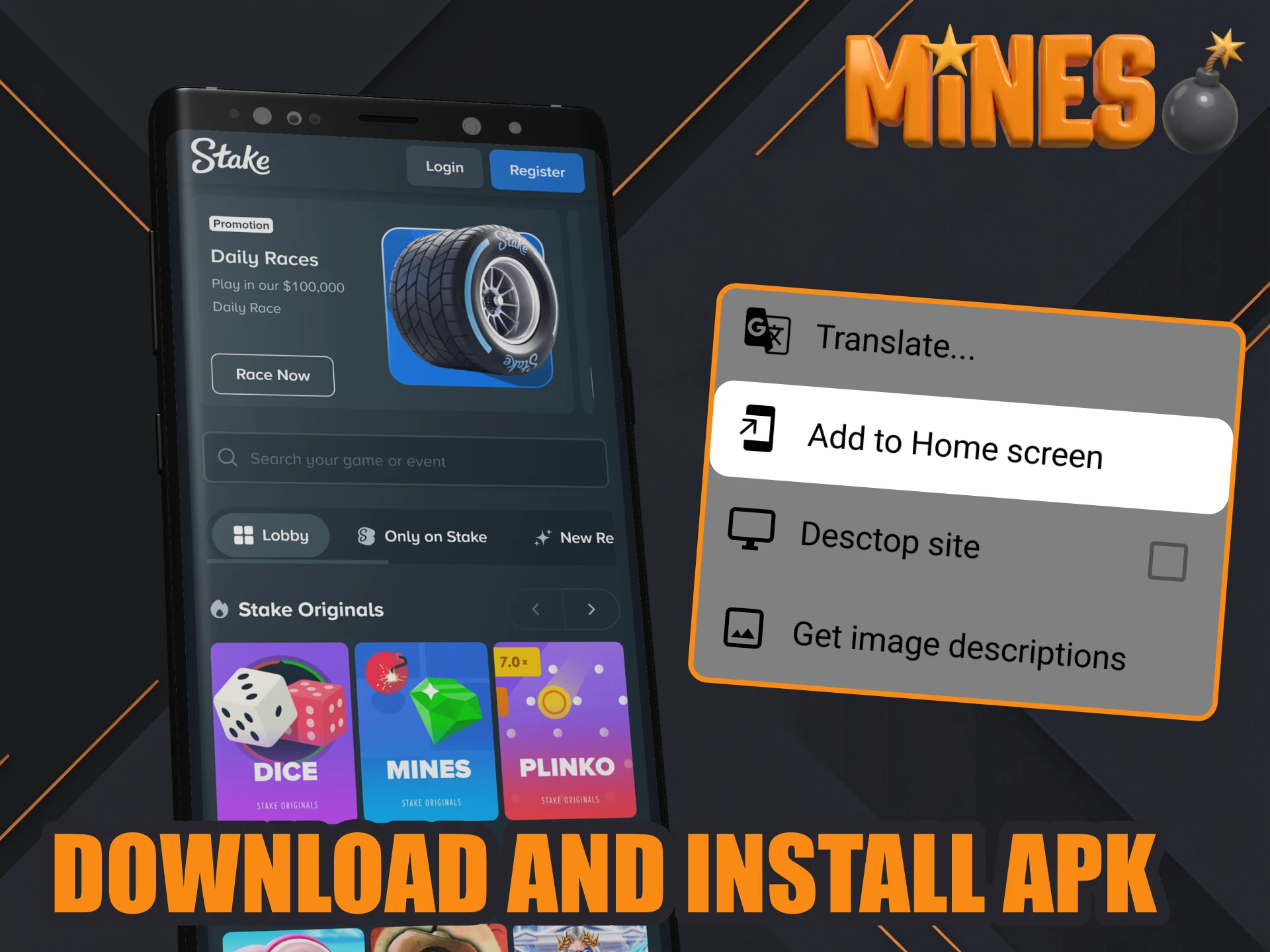 Get the Stake APK and install it to play Mines.
