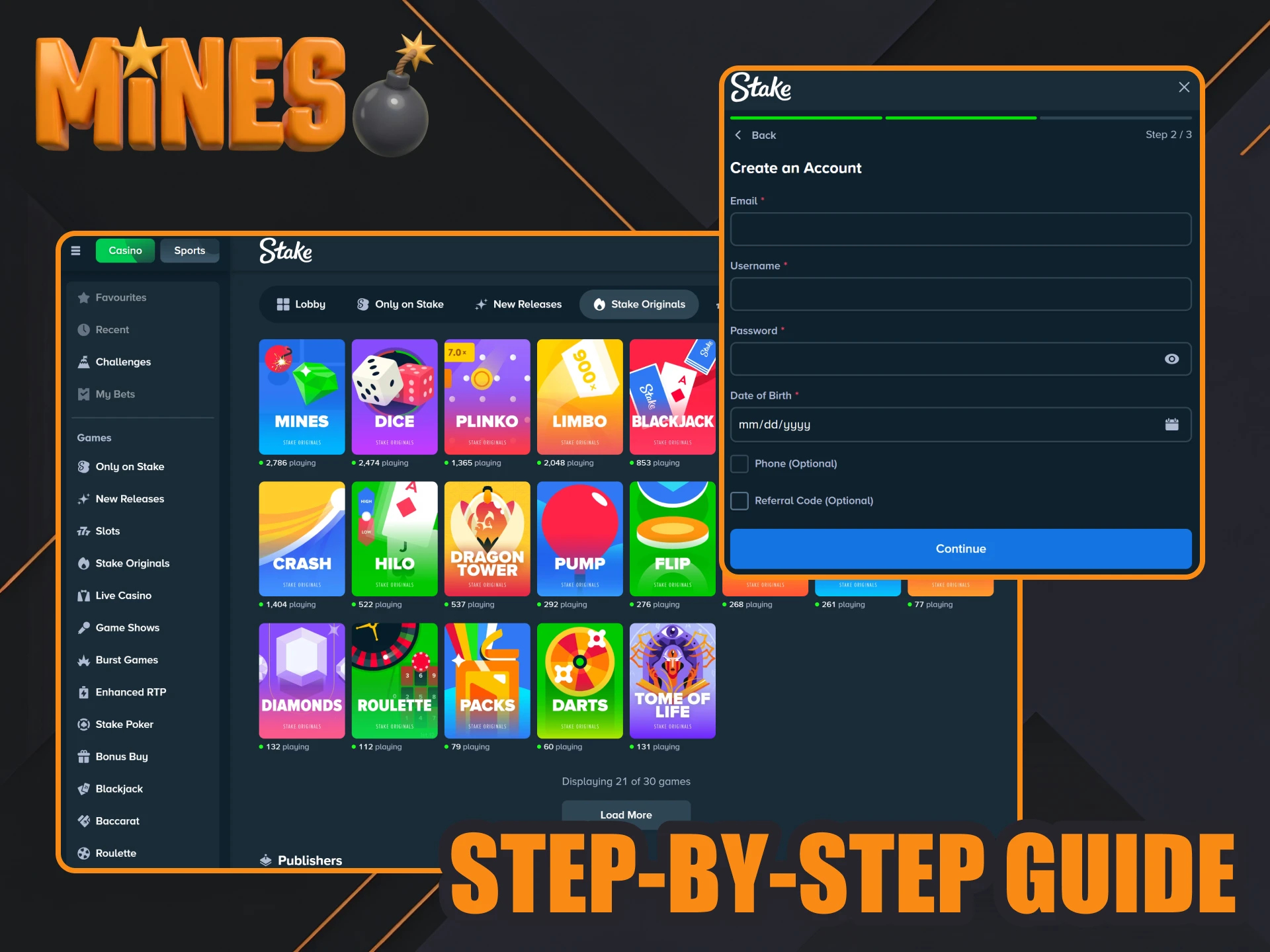 Follow the guide to play Mines at Stake casino.