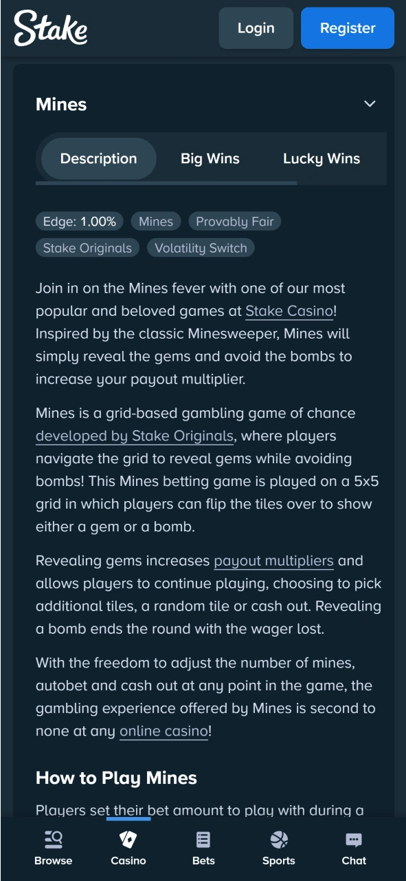 Learn more about Stake Mines game by scrolling down the page.