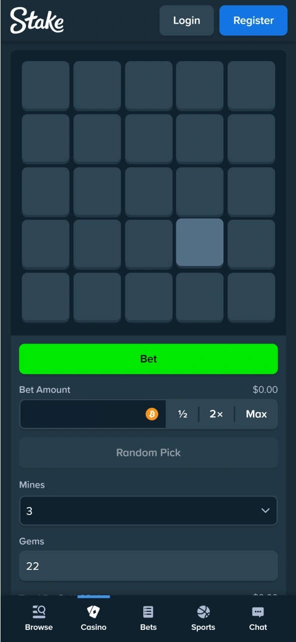 View the modern interface layout for the Stake Mines game.