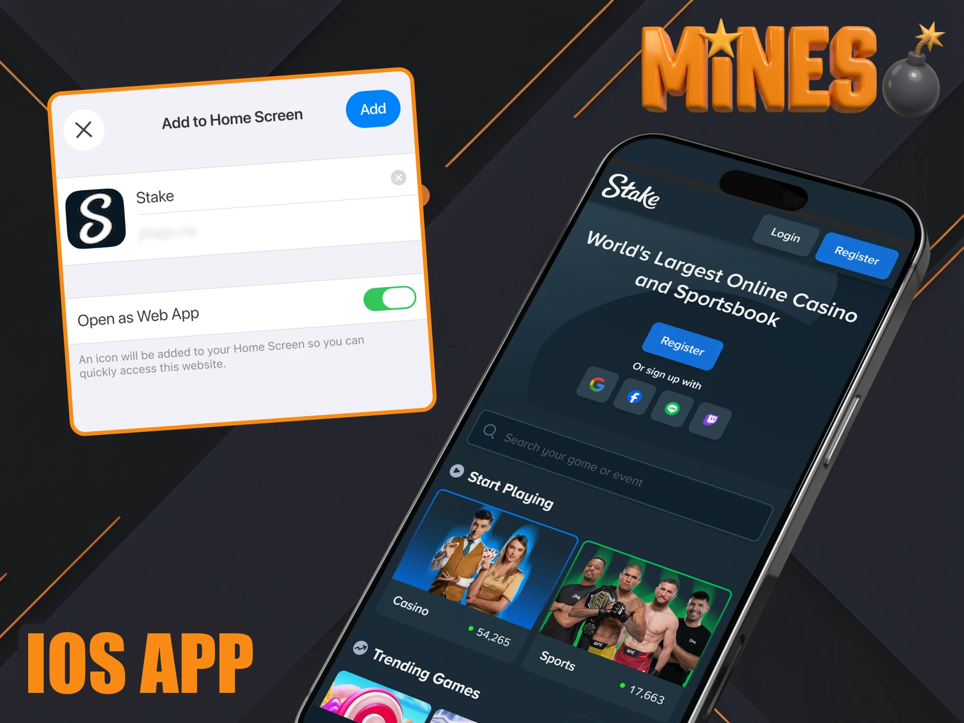 Install the official Stake iOS app to play Mines on iPhone.